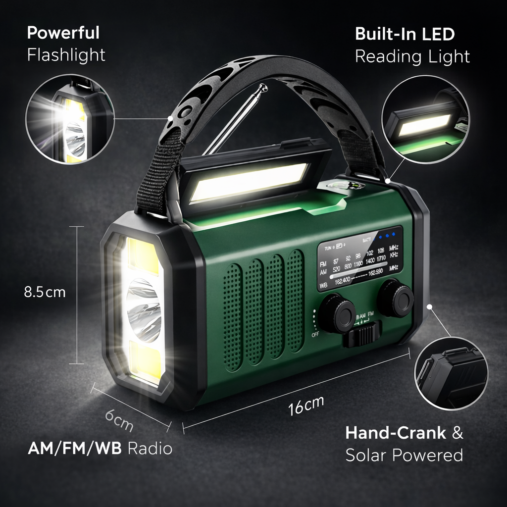 Noodradio met crankvoeding en zaklamp LED-licht Solar USB SOS-waarschuwing voor overleving buitenshuis