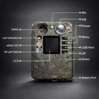 BolyGuard Trail Camera BG410-D 37MP 4K HD Solar Optioneel Dubbele flits Nachtzicht (940nm IR + witte LED) Jacht- en wildlifecamera