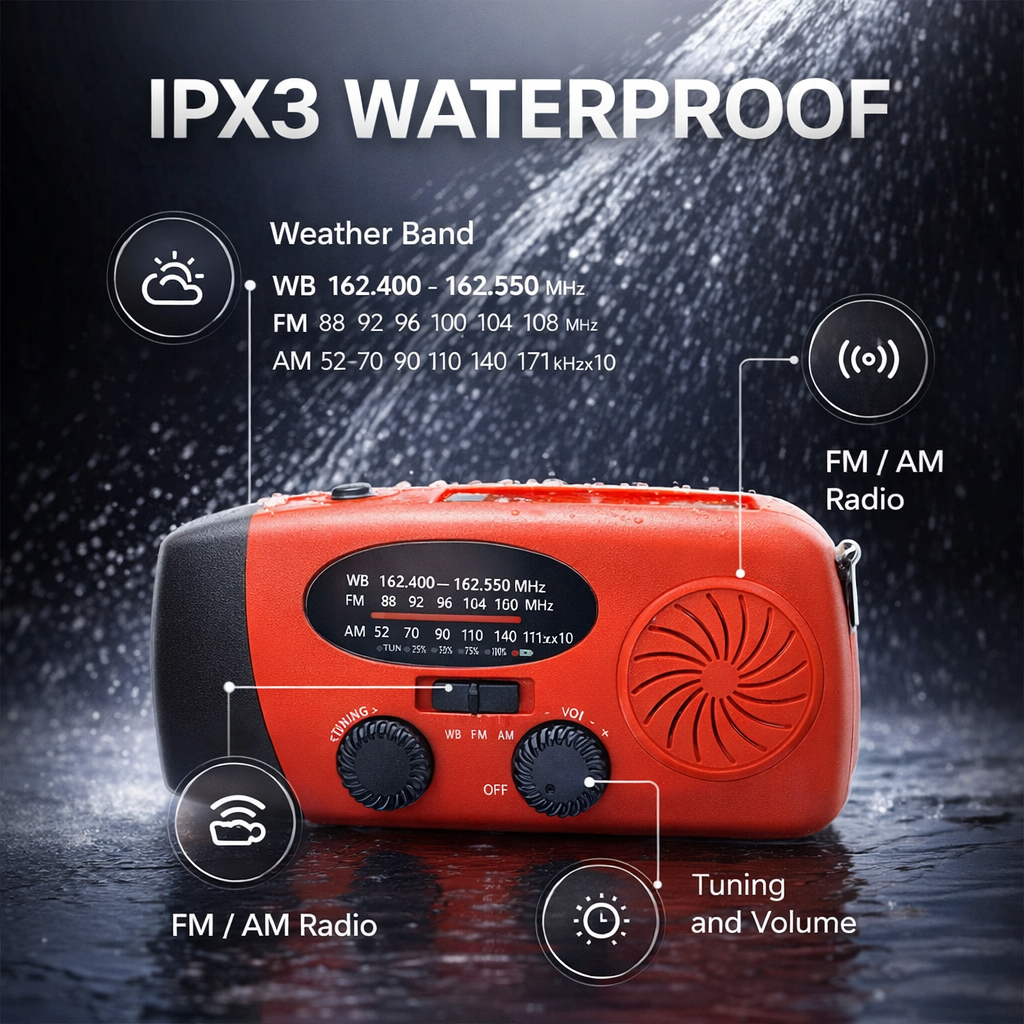 Multifunctionele draagbare handaangedreven stroomopwekker, noodradio, zonne-led-zaklamp, rampenpreventie, FM NOAA powerbank
