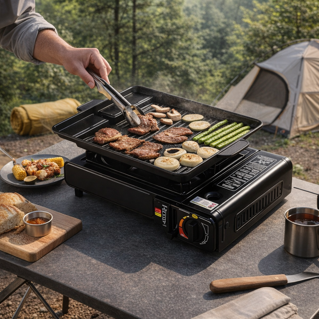 Draagbare campingbarbecue, geschikt voor diverse activiteiten zoals kamperen en koken thuis; lichtgewicht gasfornuis.