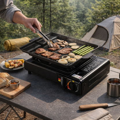 Draagbare campingbarbecue, geschikt voor diverse activiteiten zoals kamperen en koken thuis; lichtgewicht gasfornuis.