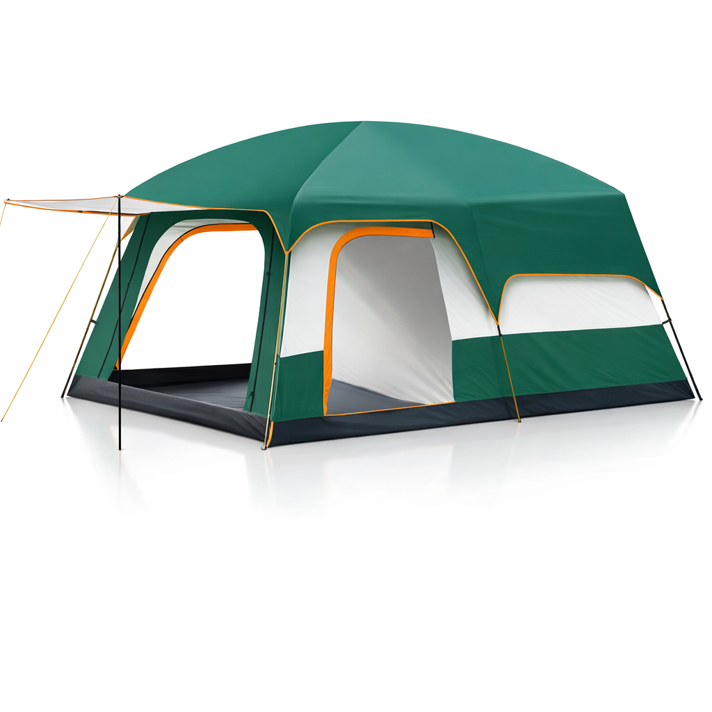Familiecampingtent voor 2-4 personen, zonnescherm, waterdichte tent met PU-coating, vestibule en klamboe, geventileerde draagbare tent met 3 deuren