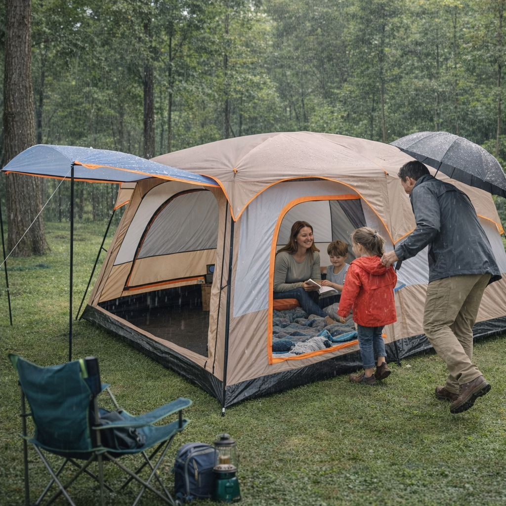 Familiecampingtent voor 2-4 personen, zonnescherm, waterdichte tent met PU-coating, vestibule en klamboe, geventileerde draagbare tent met 3 deuren