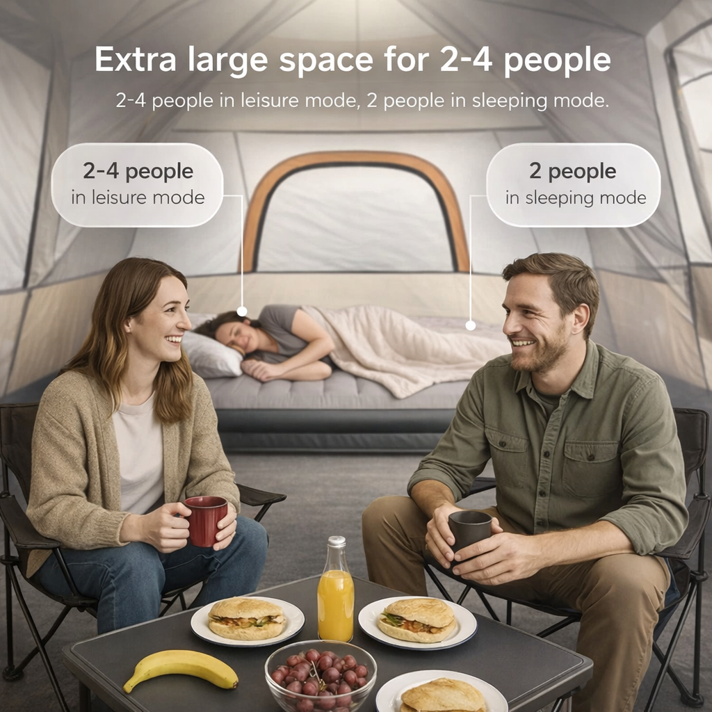 Familiecampingtent voor 2-4 personen, zonnescherm, waterdichte tent met PU-coating, vestibule en klamboe, geventileerde draagbare tent met 3 deuren
