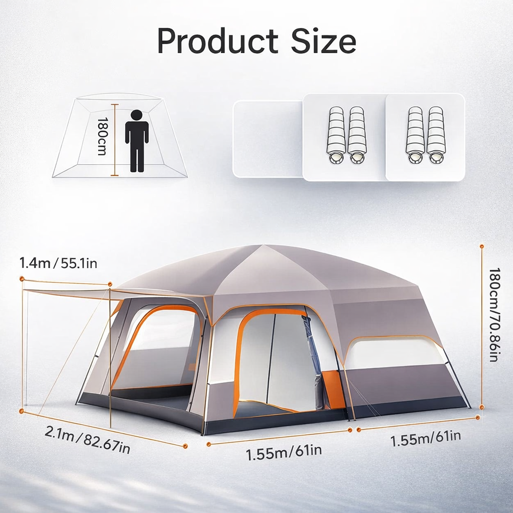 Familiecampingtent voor 2-4 personen, zonnescherm, waterdichte tent met PU-coating, vestibule en klamboe, geventileerde draagbare tent met 3 deuren