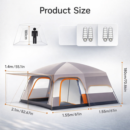 Familiecampingtent voor 2-4 personen, zonnescherm, waterdichte tent met PU-coating, vestibule en klamboe, geventileerde draagbare tent met 3 deuren
