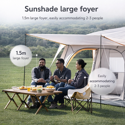 Familiecampingtent voor 2-4 personen, zonnescherm, waterdichte tent met PU-coating, vestibule en klamboe, geventileerde draagbare tent met 3 deuren