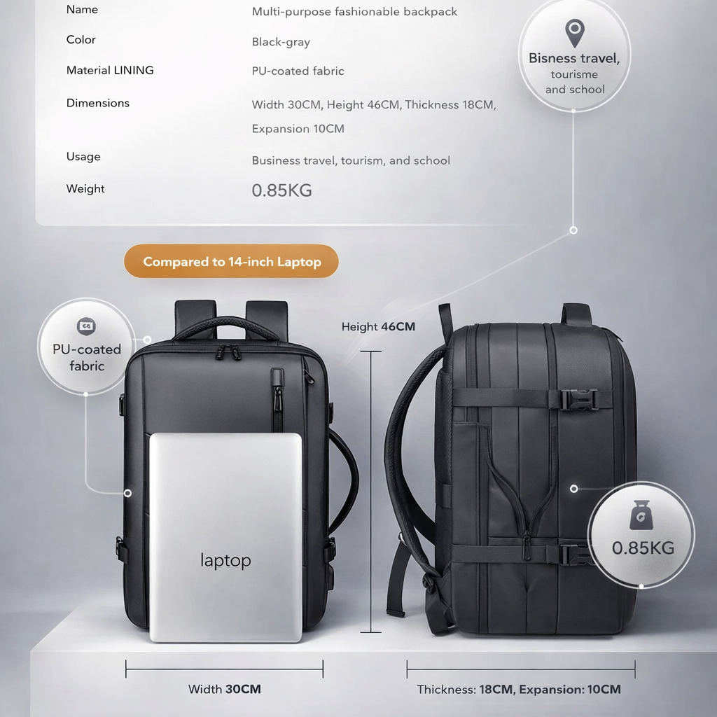 Reisrugzak Heren Zakelijke rugzak School uitbreidbare USB-tas Multifunctionele computertas Waterdichte rugzak met grote capaciteit