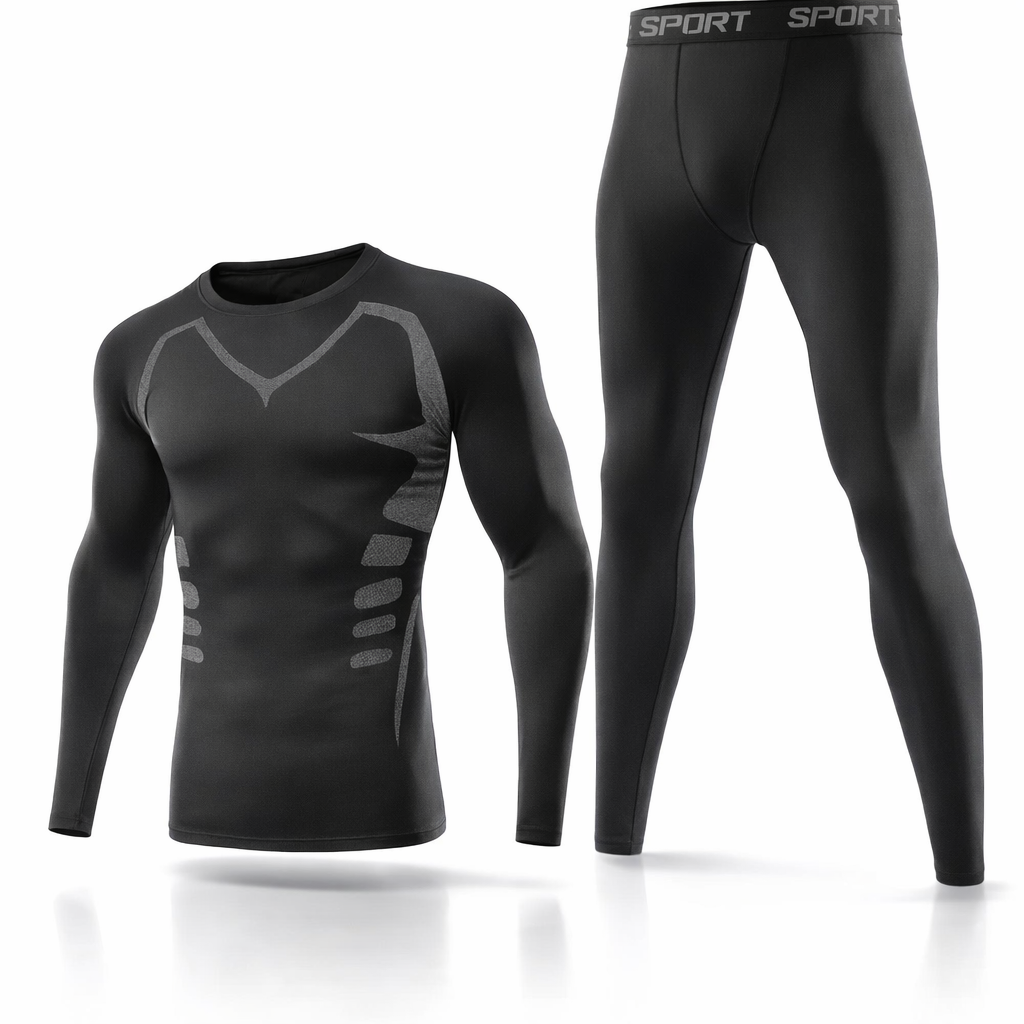 Men's 2pcs Thermal Fleece Compression Shirt & High-Stretch Breathable Leggings Set - Perfect for Winter Sports & Outdoor Activities, Round Neck Long Sleeve Top with Tight-Fit Pants