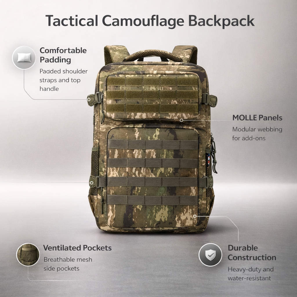 Tactische rugzakken Camouflagerugzak voor heren, wandel- en kampeerrugzak, meerlaagse buitensportrugzak met grote capaciteit
