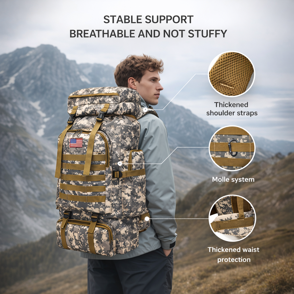 Tactical Backpack, Large Capacity Outdoor Hiking Bag with Adjustable Shoulder Straps, Camouflage Travel Shoulder Bag Men's Outdoor Training Backpack Multifunctional Backpack, Leisure Travel Hiking Backpack, Suitable for Fishing Mountaineering Camping
