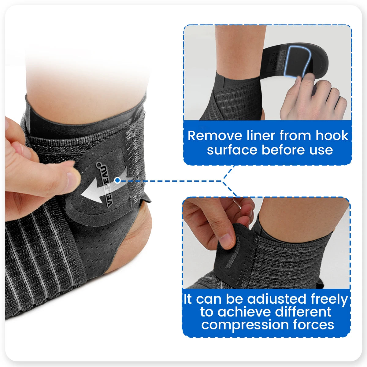 VELPEAU Enkelbrace, enkelcompressiemouw met verstelbare riem voor sport, hardlopen, fietsen en fasciitis plantaris
