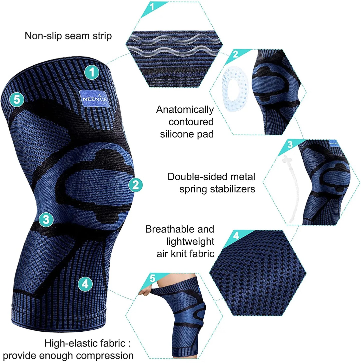 NEENCA Kniebrace Ondersteuning met Zijstabilisatoren Patella Gel Knie Compressie Mouw voor Kniepijn Meniscus Scheurblessure Herstel