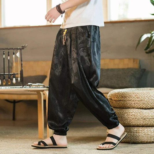 Hipster Ice Silk Satin Men's Pants Dragon Pattern Chinese Loose Trousers Smooth Satin Pants Taiji Comfortable Beach Pants - Visconte