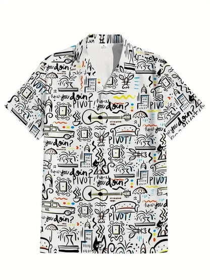 Heren Shirt Tops, Schattige Graffiti Print, Revers Bowling Shirt Met Korte Mouwen Casual Zomer Hawaiiaans Shirt Met Enkele Rij Knopen - Visconte