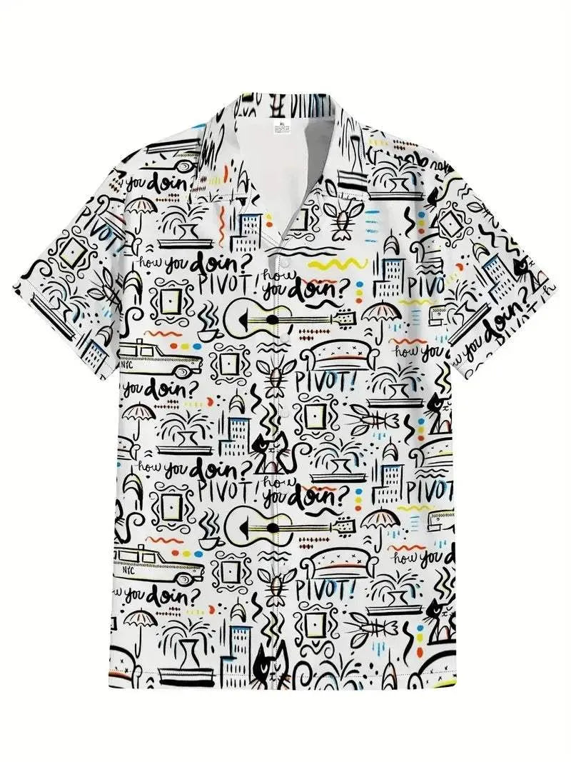 Heren Shirt Tops, Schattige Graffiti Print, Revers Bowling Shirt Met Korte Mouwen Casual Zomer Hawaiiaans Shirt Met Enkele Rij Knopen - Visconte