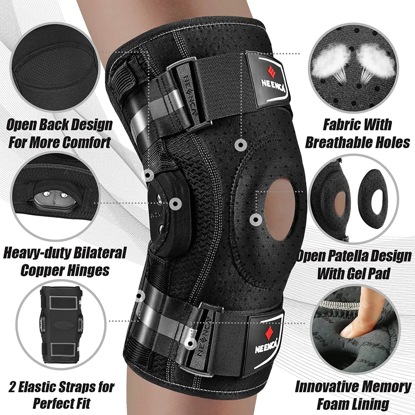 NEENCA Scharnierende Kniebrace voor Kniepijn Kniesteun met Zijstabilisatoren Gewrichtspijn Verlichting Artritis Meniscusscheur ACL PCL