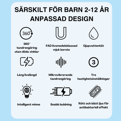 Elektrisk tandborste för barn 2–12 år | 360° rengöring | Trådlös laddning | Mjuk borste | Vattentät | Dinosauriedesign | Tre hastigheter | Antibakteriellt ljus