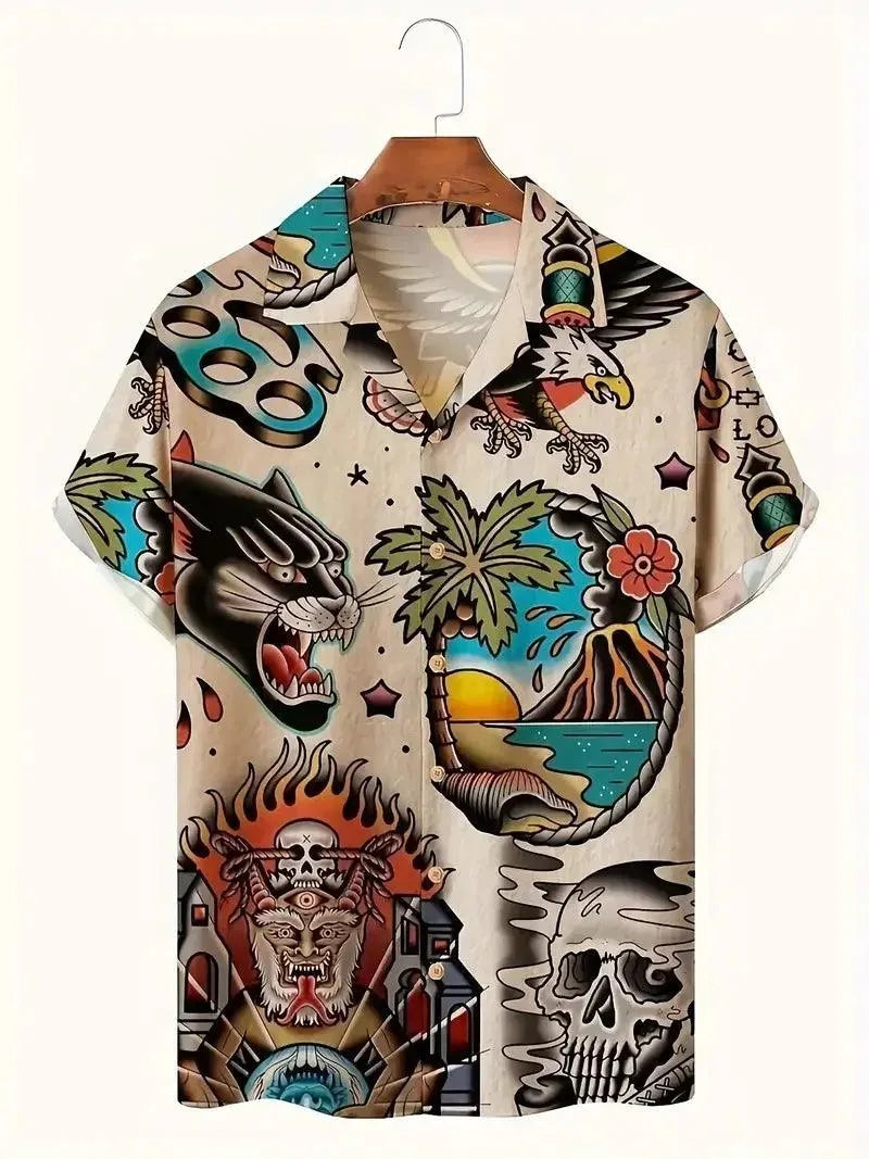 Heren Shirt Tops, Schattige Graffiti Print, Revers Bowling Shirt Met Korte Mouwen Casual Zomer Hawaiiaans Shirt Met Enkele Rij Knopen - Visconte