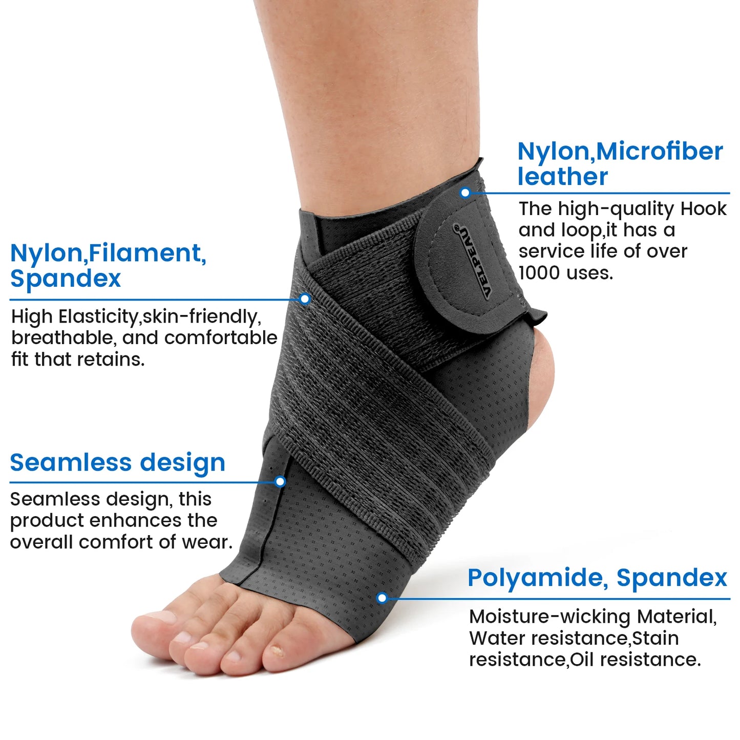 VELPEAU Enkelbrace, enkelcompressiemouw met verstelbare riem voor sport, hardlopen, fietsen en fasciitis plantaris