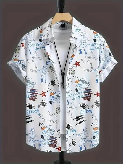 Heren Shirt Tops, Schattige Graffiti Print, Revers Bowling Shirt Met Korte Mouwen Casual Zomer Hawaiiaans Shirt Met Enkele Rij Knopen - Visconte