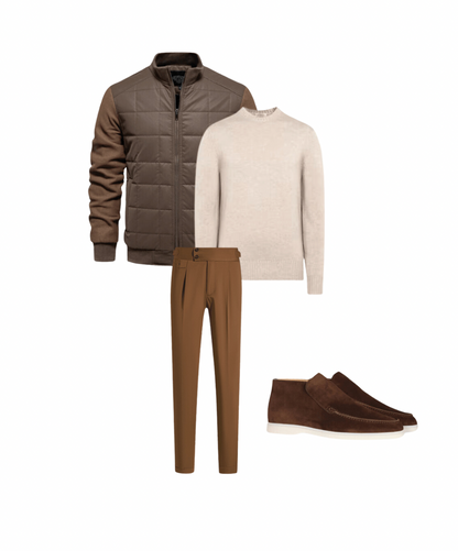 Komplet outfit mænd | Jakke/blazer + sweater/bluse + bukser + høj ruskind loafers - Puento Fortade - TP 30 - Essential Brown/Beige