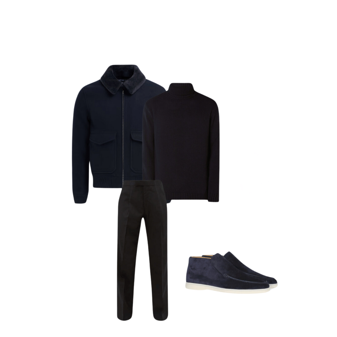 Komplet outfit mænd | Jakke/blazer + sweater/bluse + bukser + høj ruskind loafers - Puento Fortade - TP 29 - Essential Blue Black