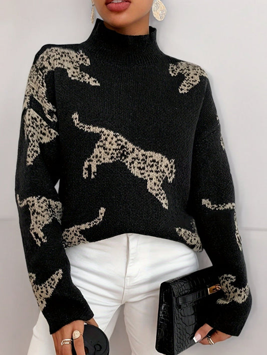 Leopard mønster rullekrave sweater Damer | elegant - lange ærmer - efterår og vinter