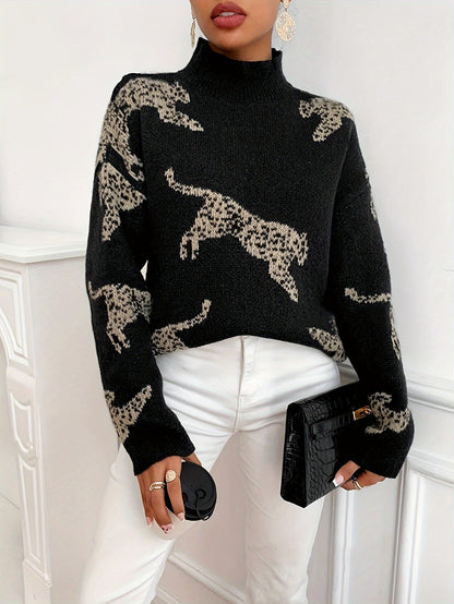 Leopardmönstrad turtleneck-tröja Dam | elegant - långa ärmar - höst och vinter