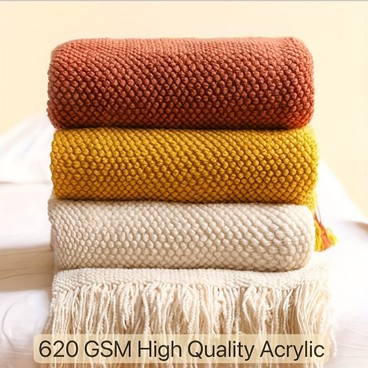 Knitted Throw Blanket with Tassels | Lightweight Bubble Texture - Suitable for Sofa, Bed and Home Decor