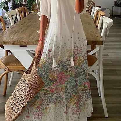 Blommig lång sommarklänning dam | Luftig maxiklänning med v-ringning och långa ärmar | Strandklänning i flera storlekar S-3XL