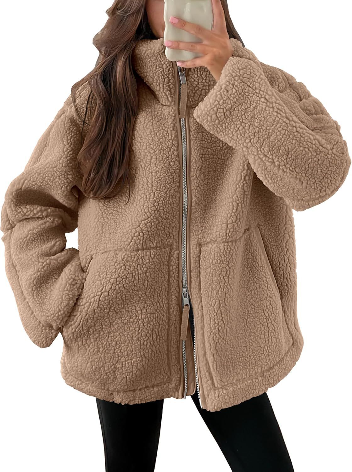 Vinterjacka dam fleece | krage | Dragkedja | Fickor | Modernt lösenord | Flera färgare | Varm jacka för kalla dagar | Storleksbyxor S-XXL