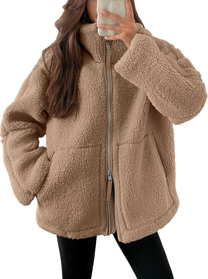 Vinterjacka dam fleece | krage | Dragkedja | Fickor | Modernt lösenord | Flera färgare | Varm jacka för kalla dagar | Storleksbyxor S-XXL