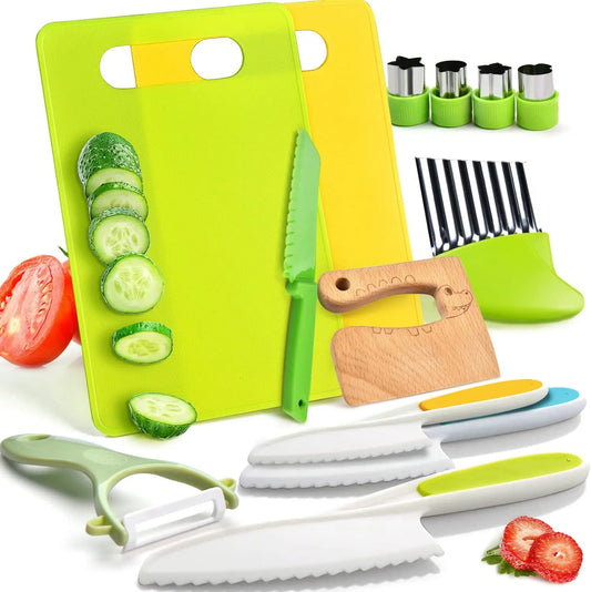 Mini Master Chef™ köksset för barn | Barnsäkra knivar och redskap i trä och plast | 13-delars och 6-delars set | Utvecklar finmotorik och kreativitet | Montessori-inspirerat leksaksset